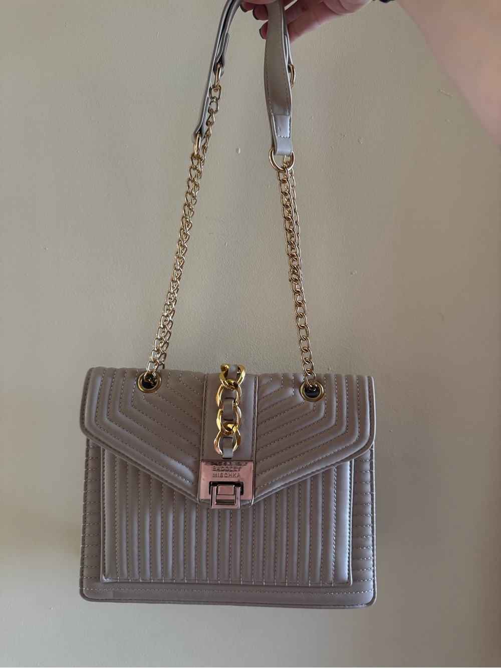 Badgley Mischka Quilted Shoulder Bag in Taupe with Gold Chain